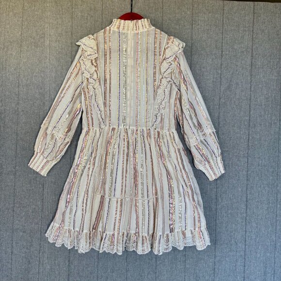 Sea New York Cream Metallic Striped Eyelet Ruffle Long Puff Sleeve Short Dress - Picture 11 of 17